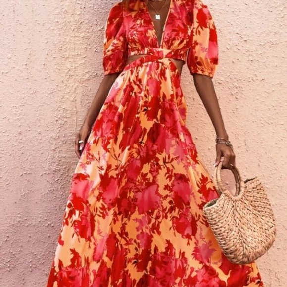 Boho Vacay Floral Cut Out Waist Puffed Sleeve Maxi Dress orange - Picture 2 of 6